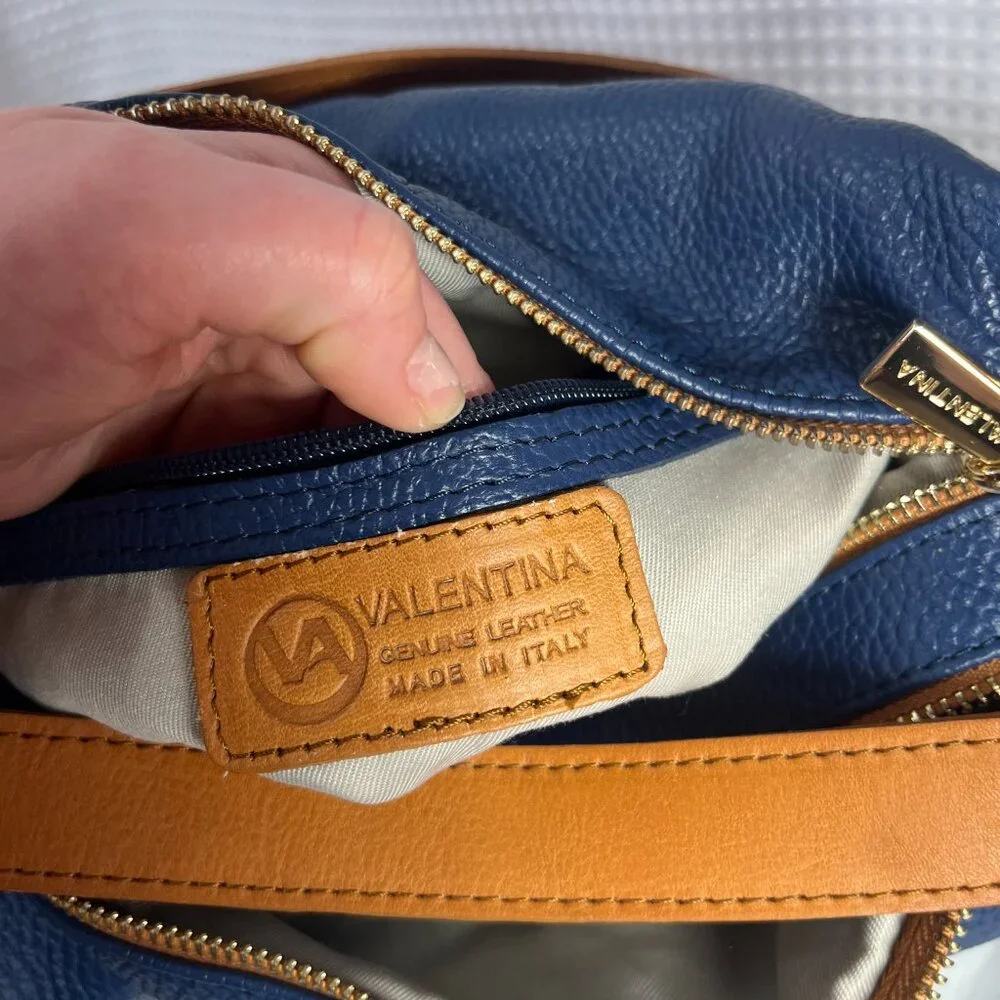 Valentina Italian leather convertible sling backpack in blue/tan pebbled leather - Picture 4 of 13